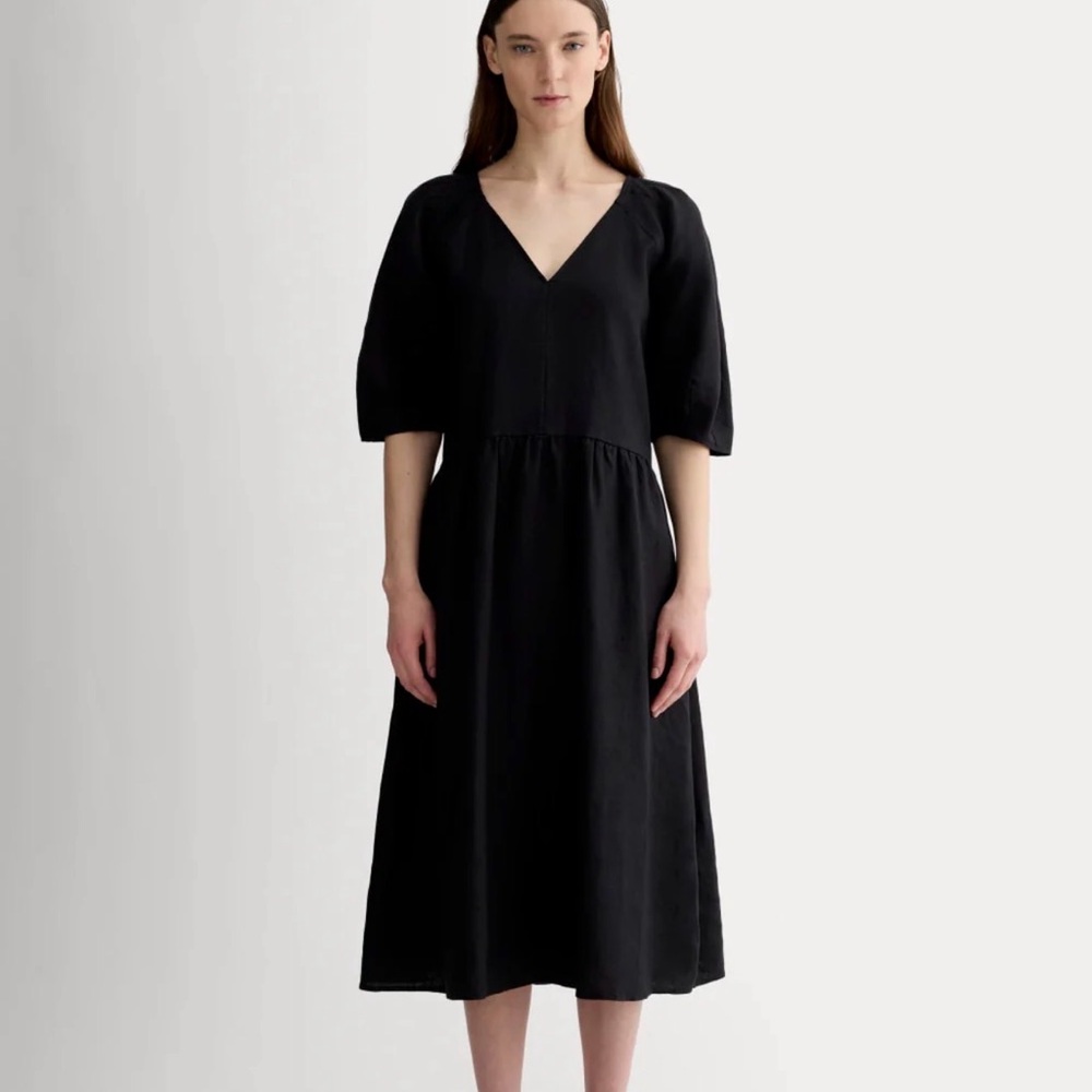 EVERLANE — THE LINEN OVERSIZED PUFF-SLEEVE DRESS, Navy, L, NWT